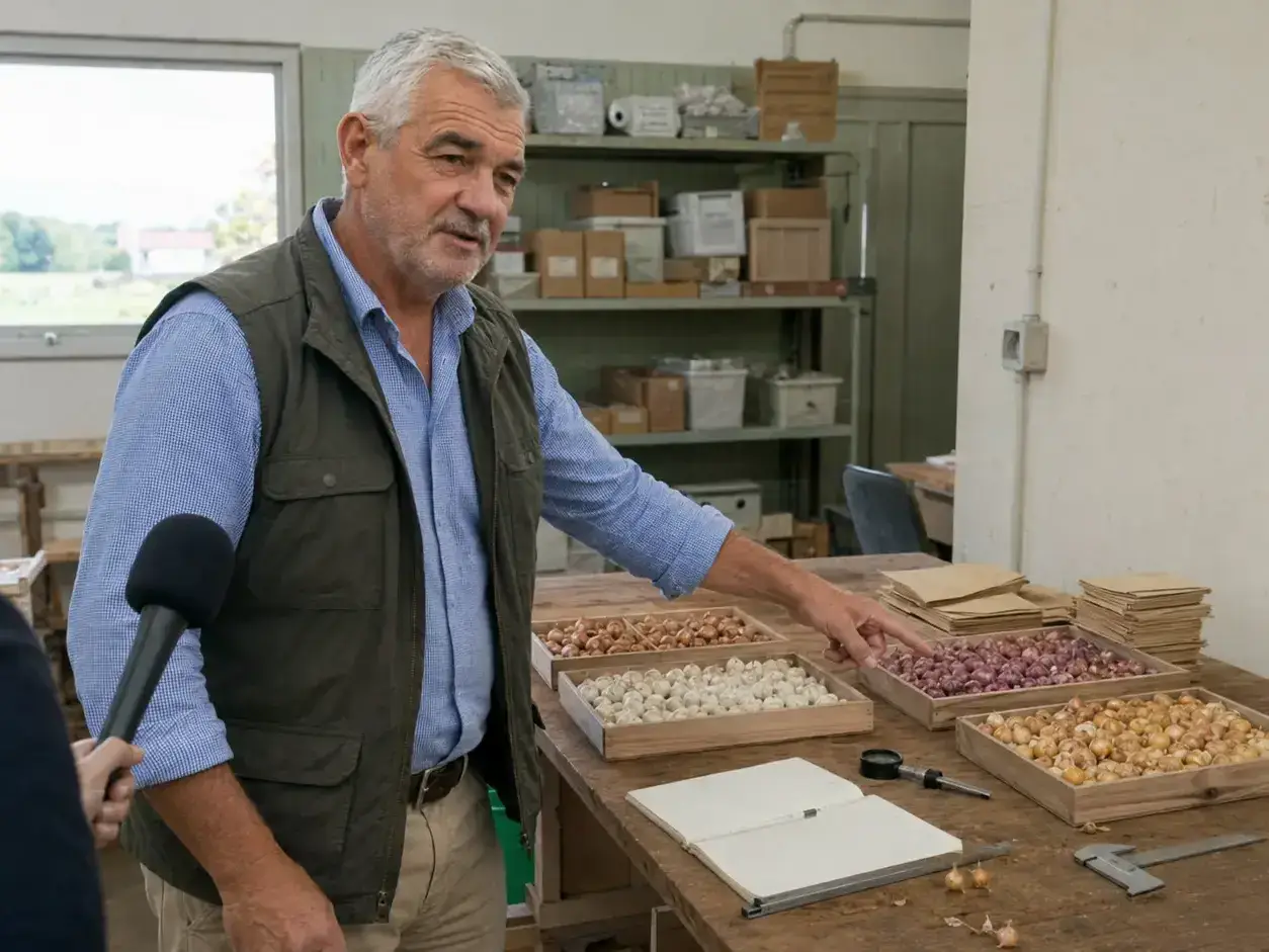 Фото: агроном оглядає просушені цибулини на стелажі